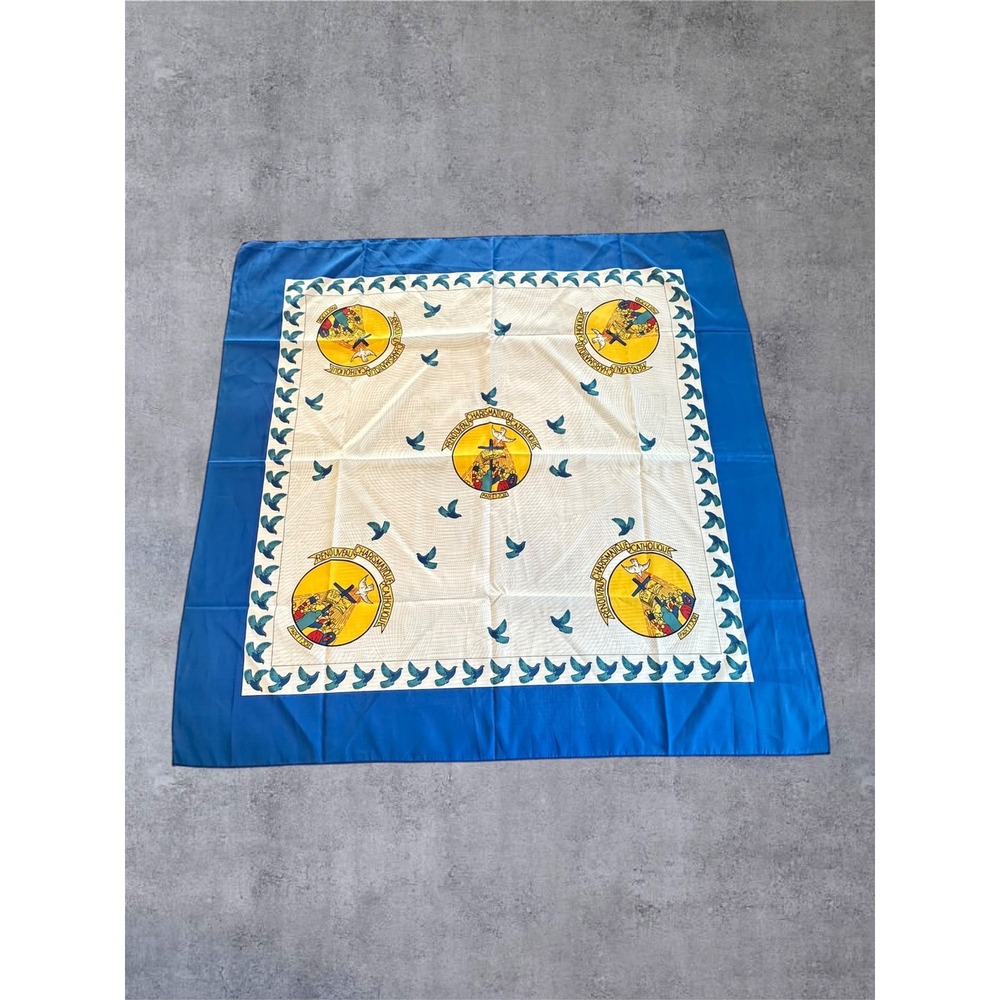 Vintage Religious Scarf 34" Square Blue Cream Catholic Doves Print